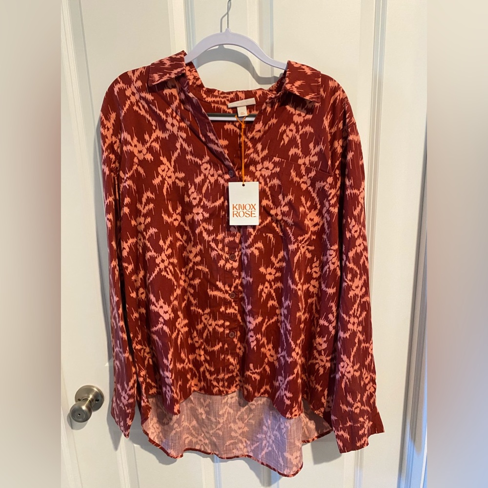 Knox Rose, women’s size XXL, button down shirt, Deep Hibiscus, NWT